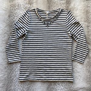 J Crew Embellished Blue Stripped Long Sleeve Cream